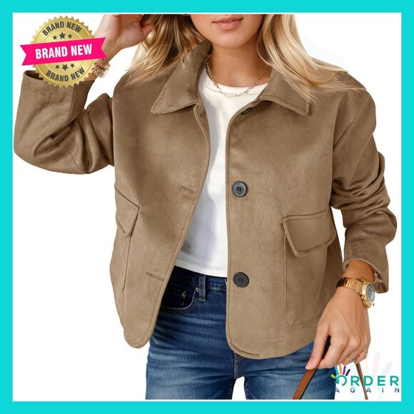 Jackets & Blazers - Faux Suede Cropped Jacket Vintage Button Down Shacket Chic Casual Y2K